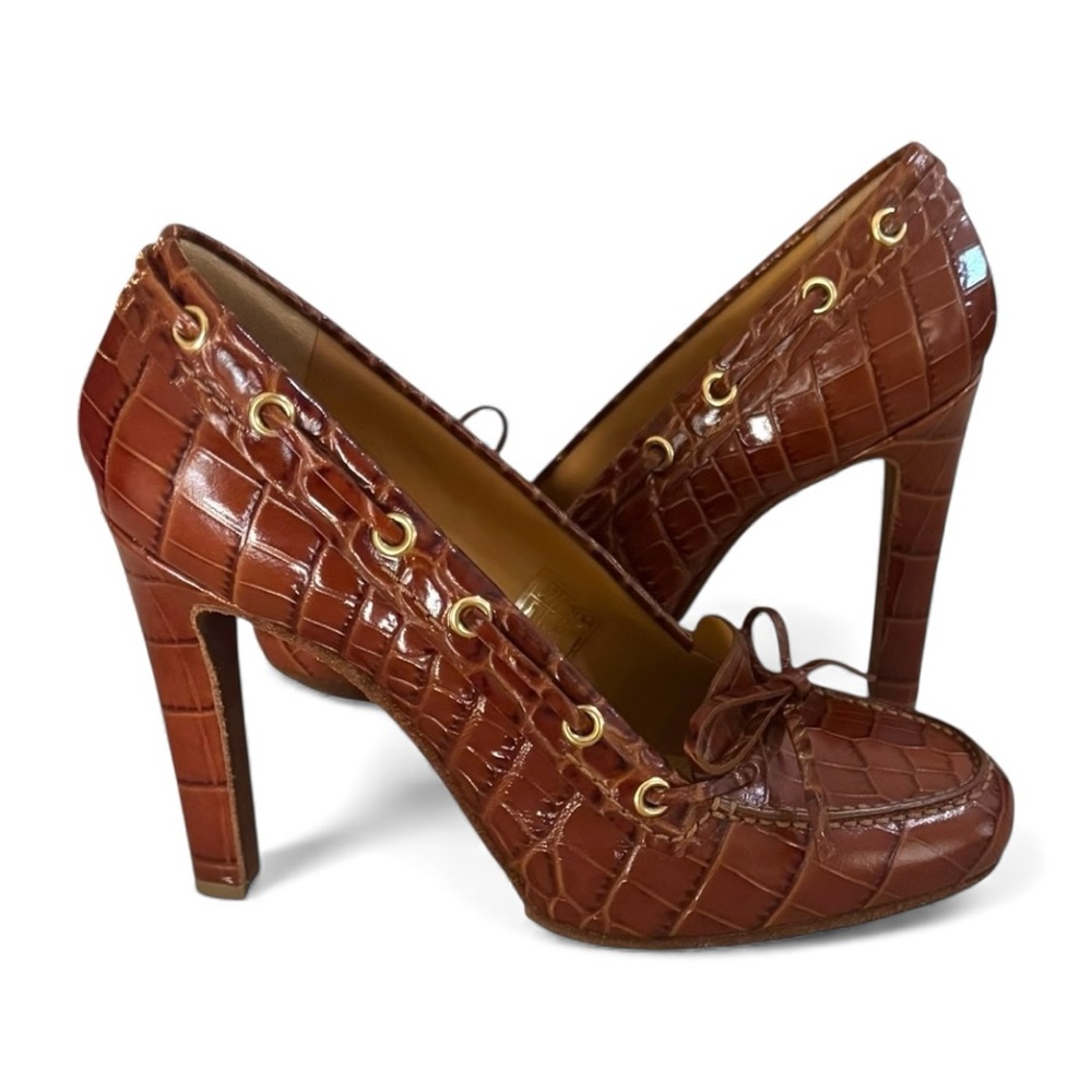 RARE Ralph Lauren Purple Label Croc-Embossed Leather High Heel Brown 8.5 NIB